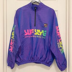 Vintage Surf Style Pullover Windbreaker Jacket Purple Neon‎ Iridescent 90s Retro